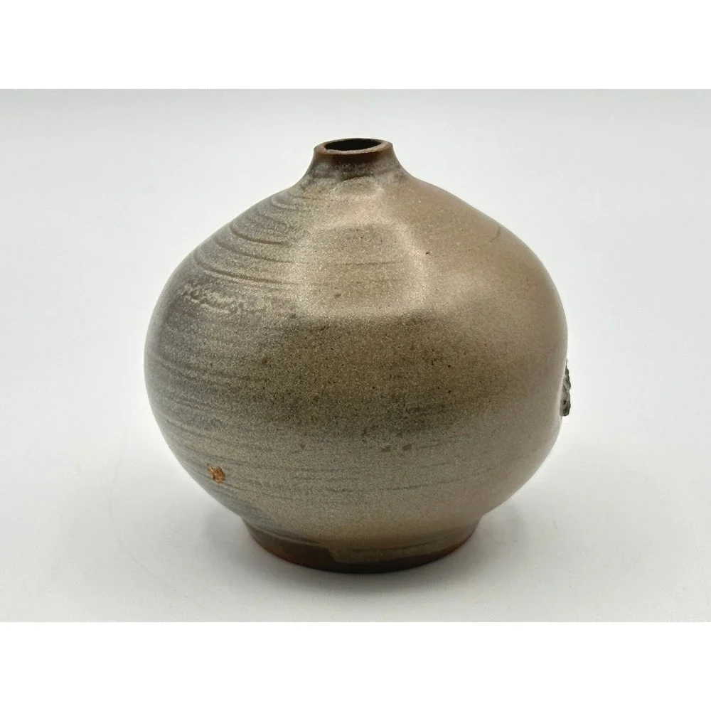 Vintage Studio Pottery Bud Vase Brown Salt Glazed Floral Stoneware Artist Signed